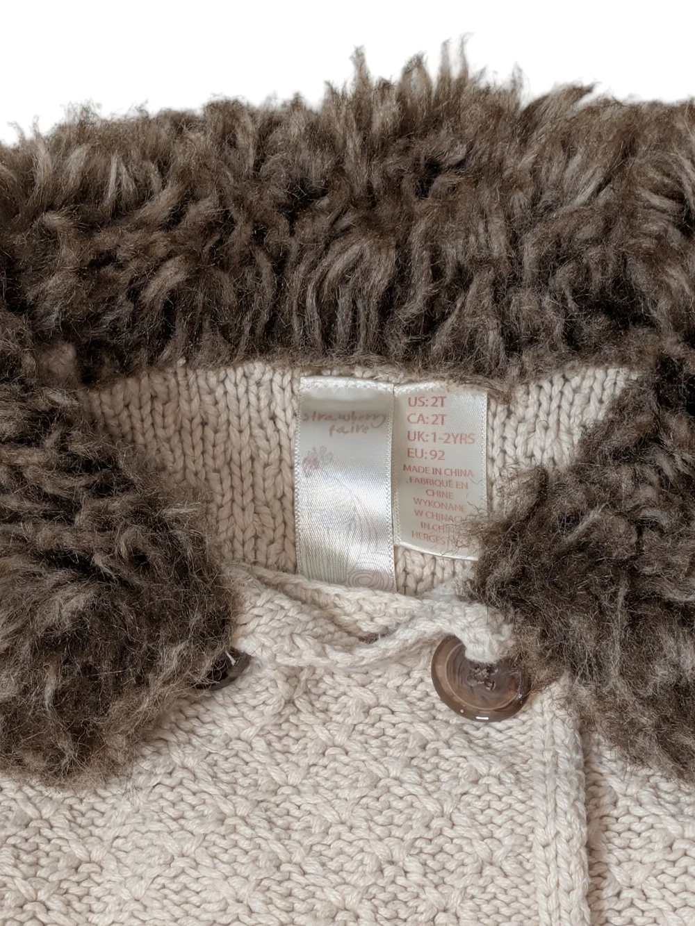 Strawberry Faire Cream Knit Peacoat with Faux Fur Collar 2T